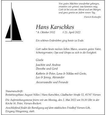 Traueranzeige von Hans Karschkes von Rheinische Post