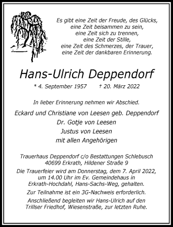 Traueranzeige von Hans-Ulrich Deppendorf von Rheinische Post