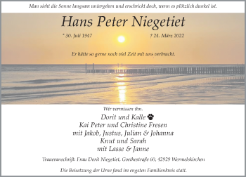 Traueranzeige von Hans Peter Niegetiet von Rheinische Post