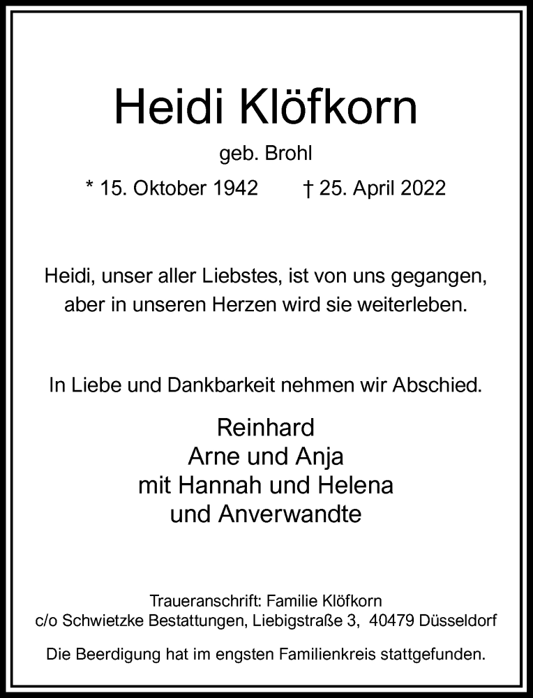  Traueranzeige für Heidi Klöfkorn vom 07.05.2022 aus Rheinische Post