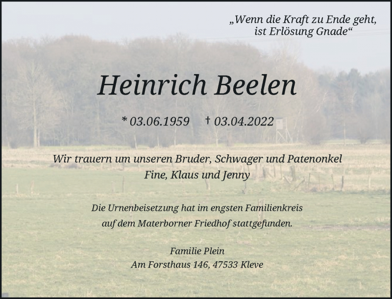  Traueranzeige für Heinrich Beelen vom 16.04.2022 aus Rheinische Post