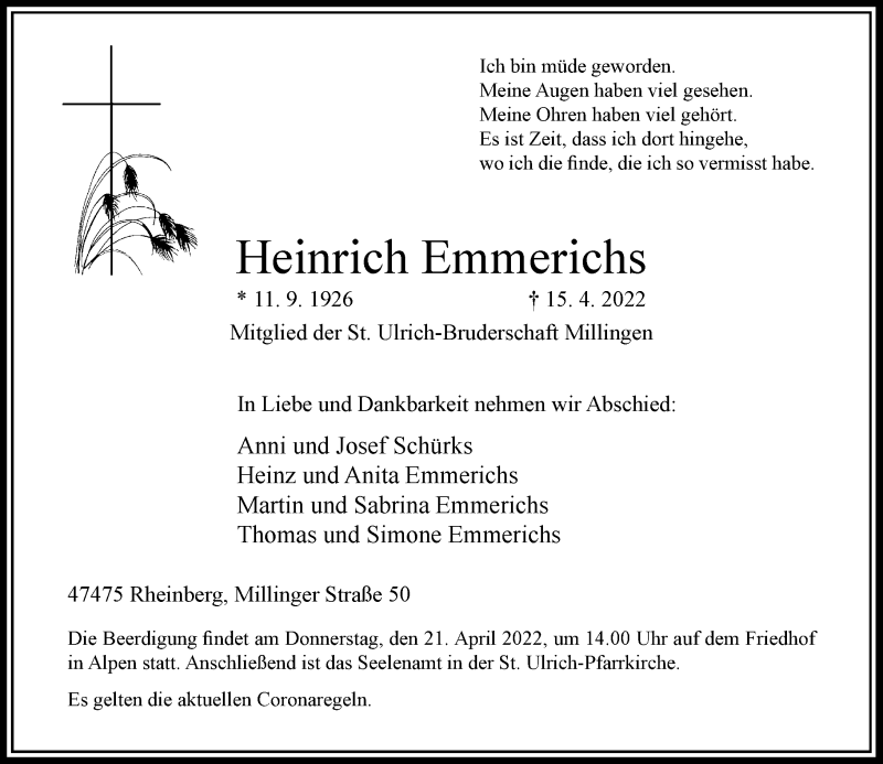  Traueranzeige für Heinrich Emmerichs vom 20.04.2022 aus Rheinische Post