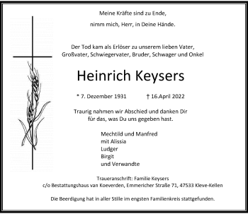 Traueranzeige von Heinrich Keysers von Rheinische Post