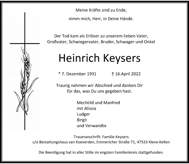  Traueranzeige für Heinrich Keysers vom 23.04.2022 aus Rheinische Post