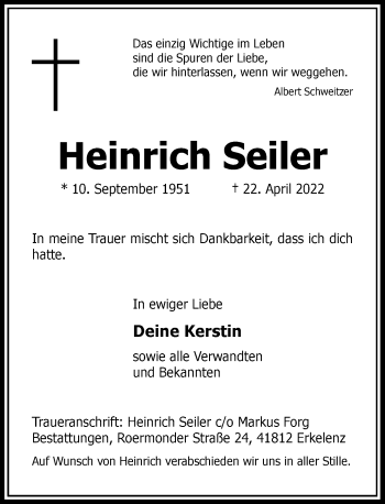 Traueranzeige von Heinrich Seiler von Rheinische Post