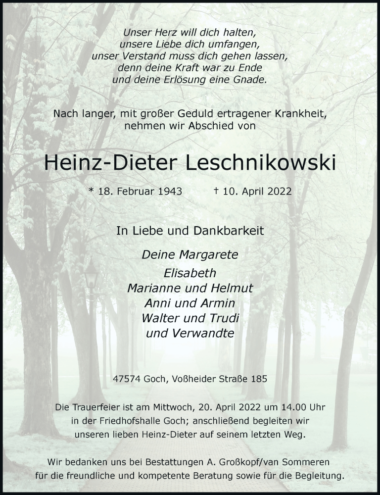  Traueranzeige für Heinz-Dieter Leschnikowski vom 16.04.2022 aus Rheinische Post