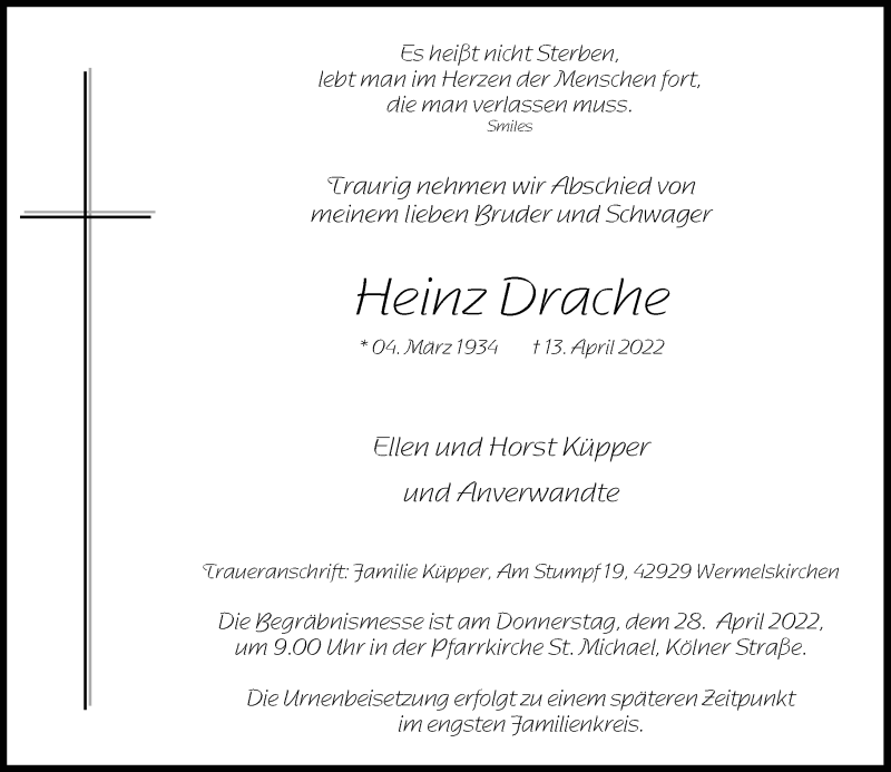  Traueranzeige für Heinz Drache vom 23.04.2022 aus Rheinische Post
