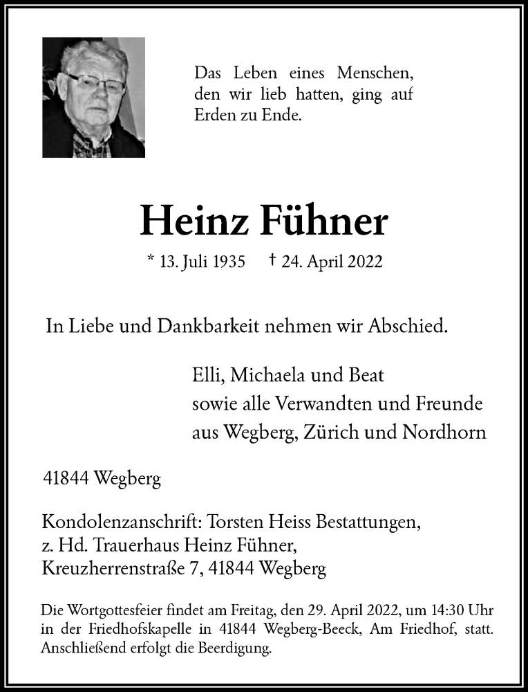  Traueranzeige für Heinz Fühner vom 27.04.2022 aus Rheinische Post