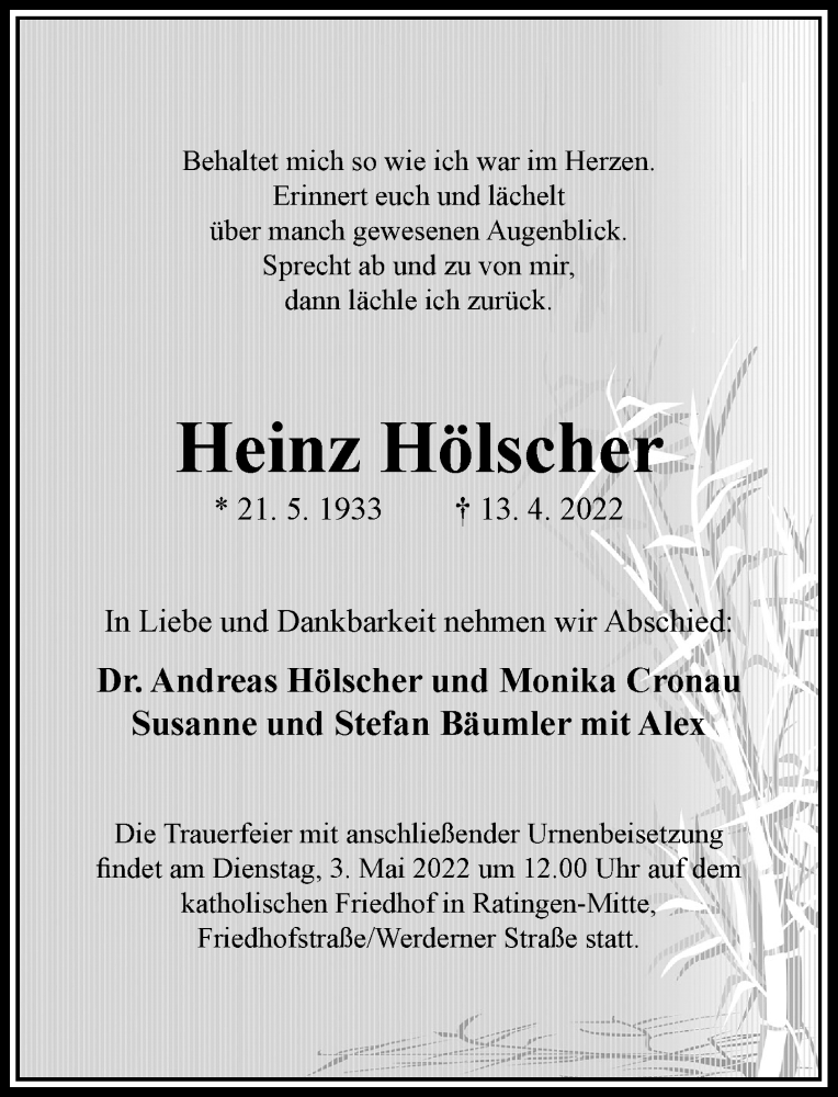  Traueranzeige für Heinz Hölscher vom 30.04.2022 aus Rheinische Post