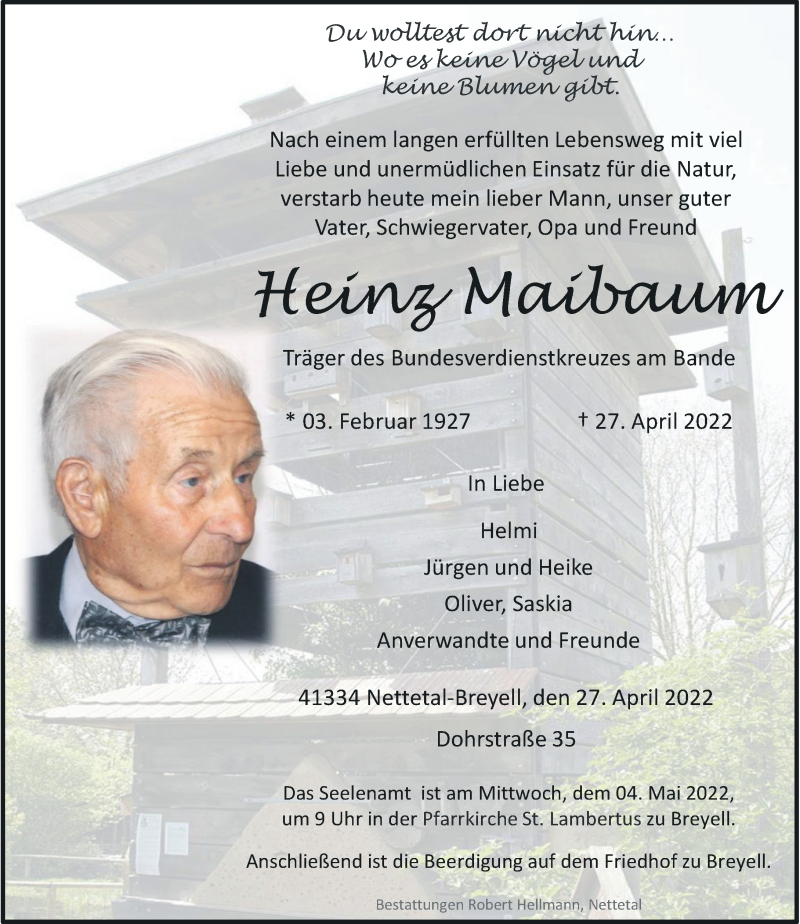  Traueranzeige für Heinz Maibaum vom 30.04.2022 aus Rheinische Post