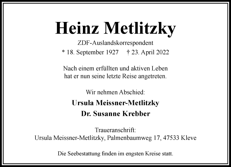  Traueranzeige für Heinz Metlitzky vom 30.04.2022 aus Rheinische Post