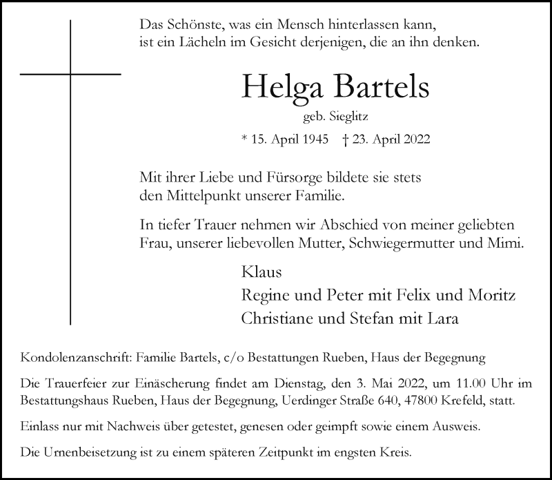  Traueranzeige für Helga Bartels vom 30.04.2022 aus Rheinische Post