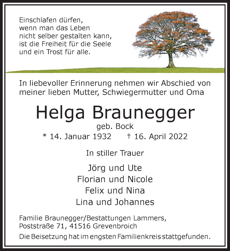  Traueranzeige für Helga Braunegger vom 30.04.2022 aus Rheinische Post