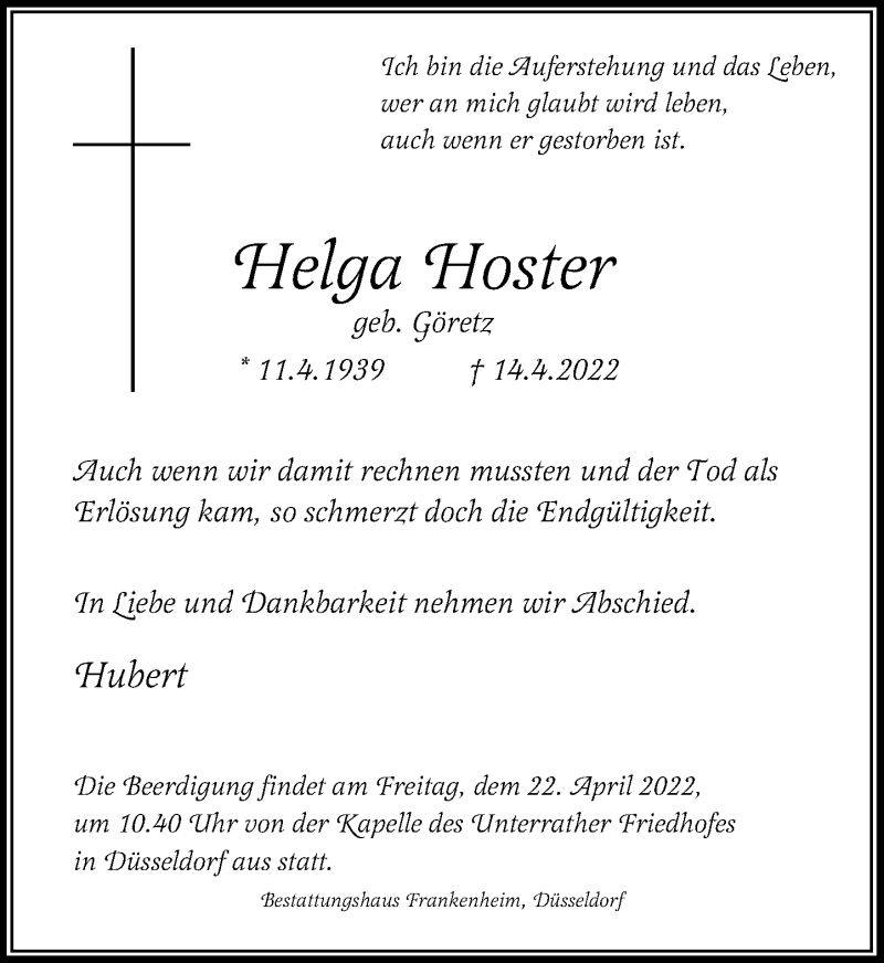  Traueranzeige für Helga Hoster vom 20.04.2022 aus Rheinische Post