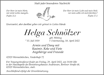 Traueranzeige von Helga Schnölzer von Rheinische Post