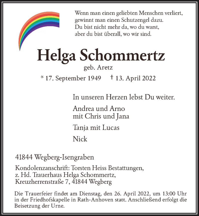  Traueranzeige für Helga Schommertz vom 23.04.2022 aus Rheinische Post