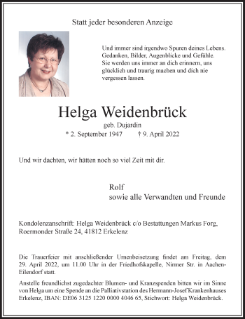 Traueranzeige von Helga Weidenbrück von Rheinische Post