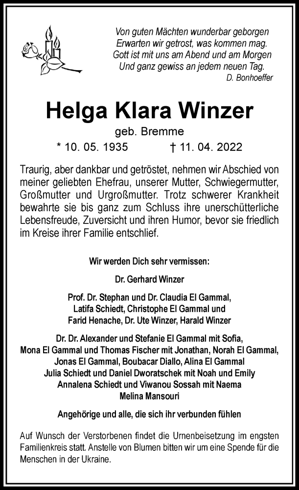  Traueranzeige für Helga Klara Winzer vom 16.04.2022 aus Rheinische Post