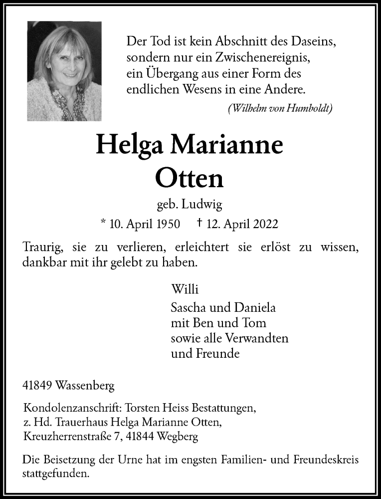  Traueranzeige für Helga Marianne Otten vom 07.05.2022 aus Rheinische Post