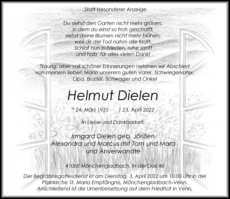  Traueranzeige für Helmut Dielen vom 30.04.2022 aus Rheinische Post