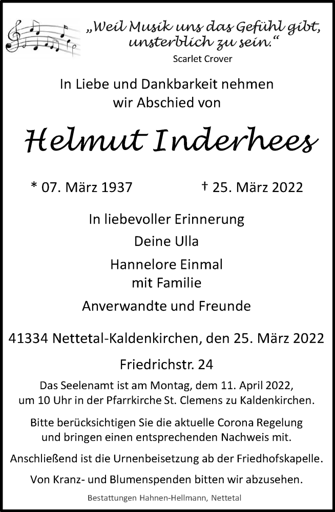  Traueranzeige für Helmut Inderhees vom 02.04.2022 aus Rheinische Post