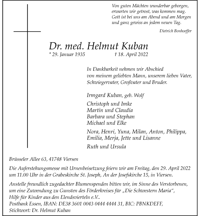 Traueranzeige für Helmut Kuban vom 23.04.2022 aus Rheinische Post
