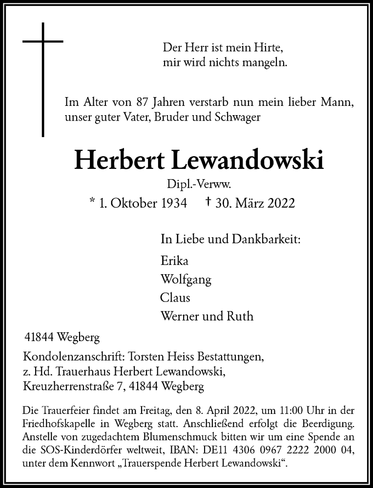  Traueranzeige für Herbert Lewandowski vom 02.04.2022 aus Rheinische Post
