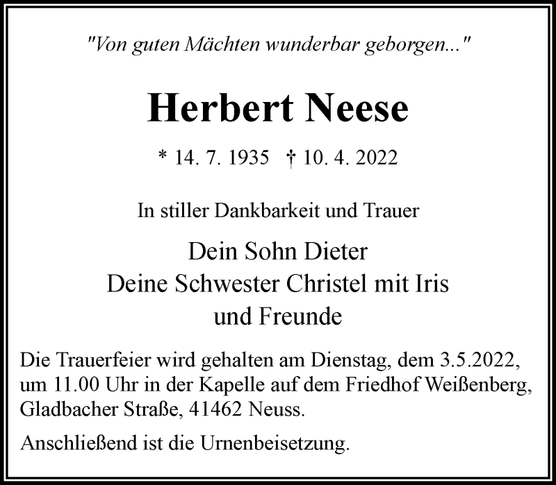  Traueranzeige für Herbert Neese vom 30.04.2022 aus Rheinische Post
