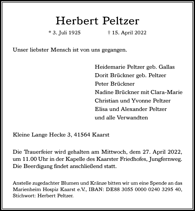  Traueranzeige für Herbert Peltzer vom 26.04.2022 aus Rheinische Post