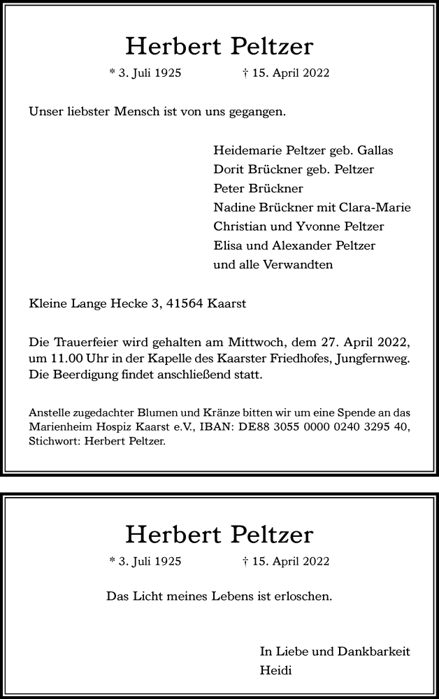  Traueranzeige für Herbert Peltzer vom 23.04.2022 aus Rheinische Post