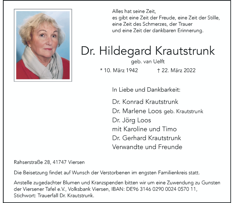  Traueranzeige für Hildegard Krautstrunk vom 16.04.2022 aus Rheinische Post
