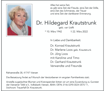 Traueranzeige von Hildegard Krautstrunk von Rheinische Post