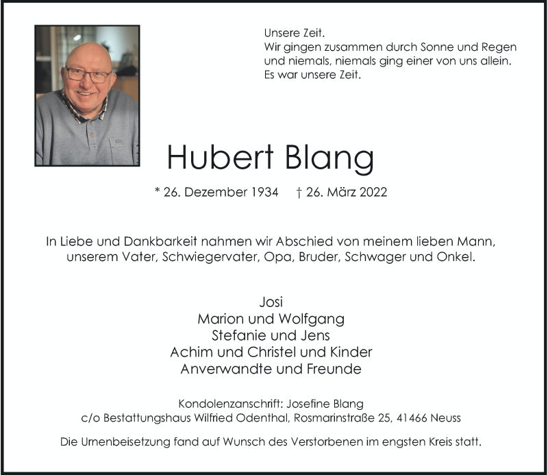  Traueranzeige für Hubert Blang vom 30.04.2022 aus Rheinische Post