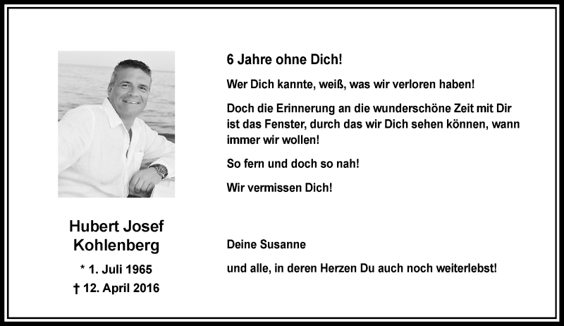  Traueranzeige für Hubert Josef Kohlenberg vom 09.04.2022 aus Rheinische Post