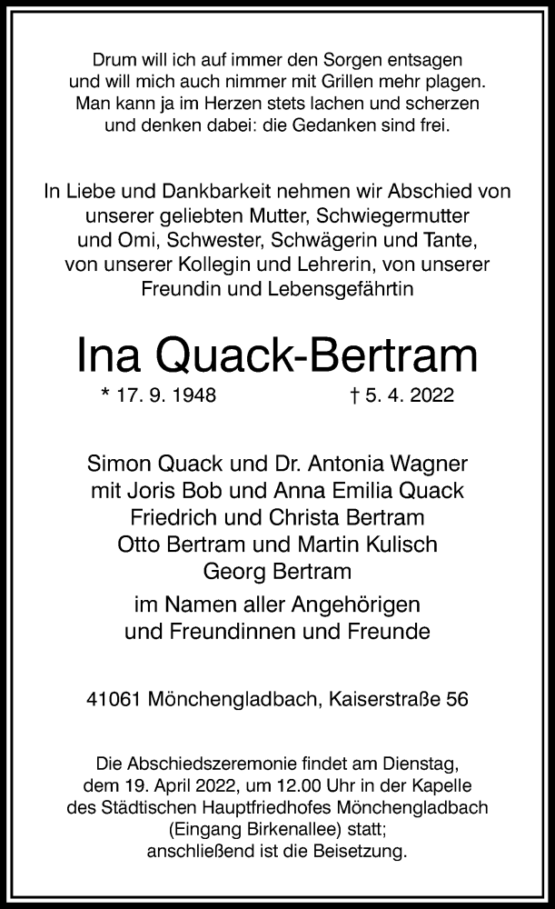  Traueranzeige für Ina Quack-Bertram vom 13.04.2022 aus Rheinische Post