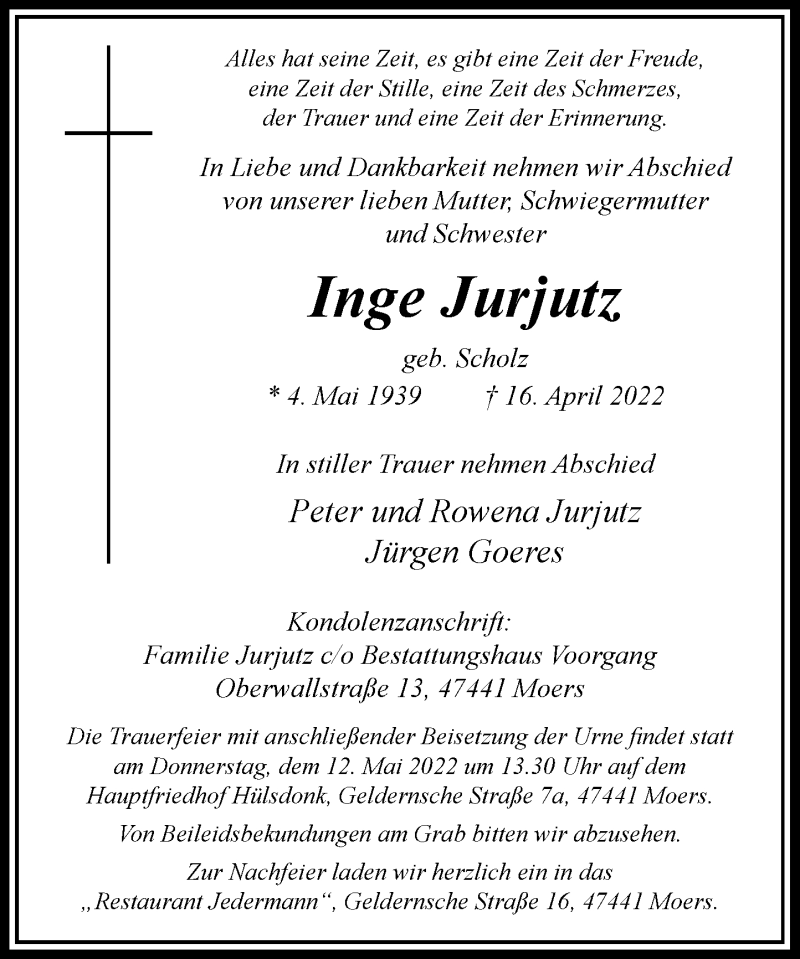  Traueranzeige für Inge Jurjutz vom 10.05.2022 aus Rheinische Post