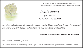 Traueranzeige von Ingrid Bonus von Rheinische Post