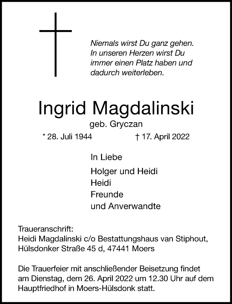  Traueranzeige für Ingrid Magdalinski vom 21.04.2022 aus Rheinische Post