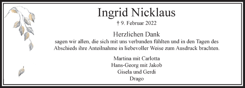  Traueranzeige für Ingrid Nicklaus vom 30.04.2022 aus Rheinische Post