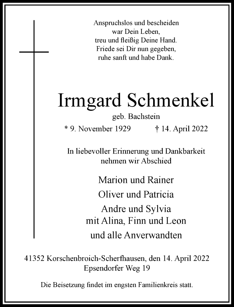  Traueranzeige für Irmgard Schmenkel vom 16.04.2022 aus Rheinische Post