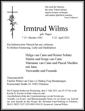 Traueranzeige von Irmtrud Wilms von Rheinische Post