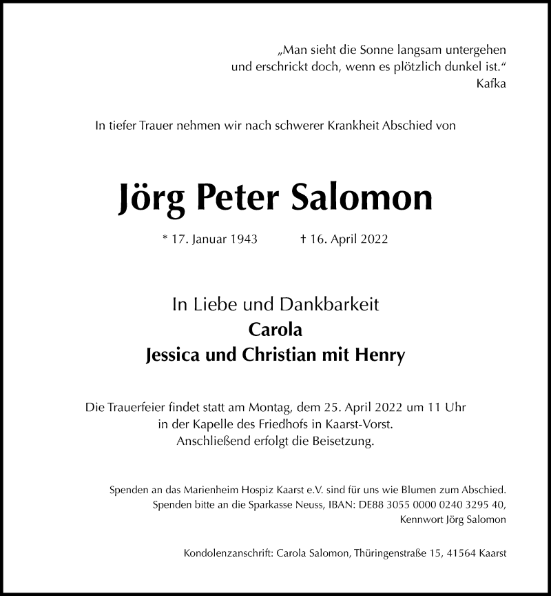  Traueranzeige für Jörg Peter Salomon vom 23.04.2022 aus Rheinische Post