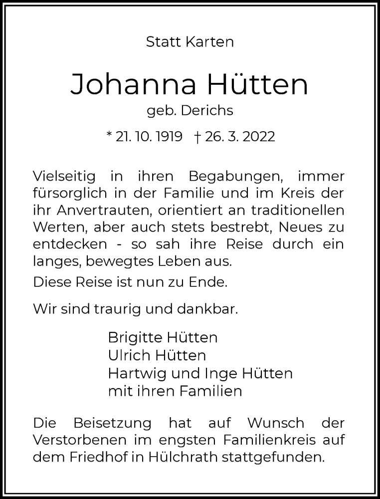  Traueranzeige für Johanna Hütten vom 30.04.2022 aus Rheinische Post