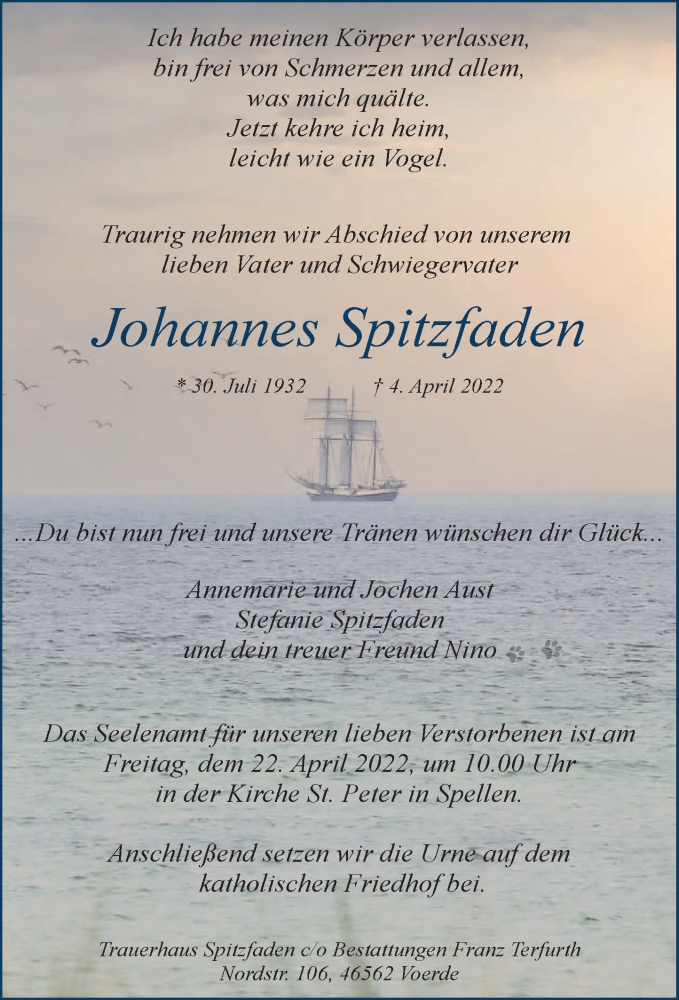  Traueranzeige für Johannes Spitzfaden vom 16.04.2022 aus Rheinische Post