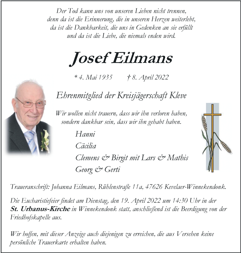  Traueranzeige für Josef Eilmans vom 16.04.2022 aus Rheinische Post