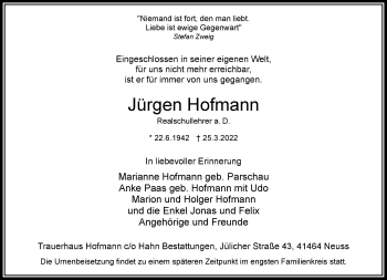 Traueranzeige von Jürgen Hofmann von Rheinische Post