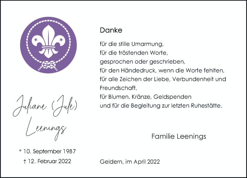  Traueranzeige für Juliane Leenings vom 05.04.2022 aus Rheinische Post