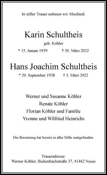 Traueranzeige von Karin und Hans Joachim Schultheis von Rheinische Post