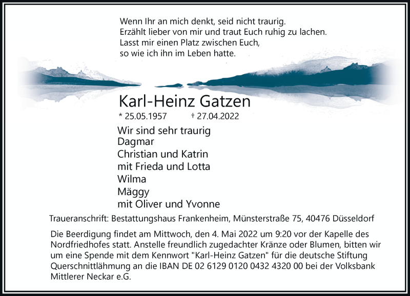  Traueranzeige für Karl-Heinz Gatzen vom 30.04.2022 aus Rheinische Post