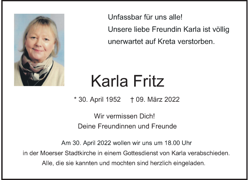  Traueranzeige für Karla Fritz vom 23.04.2022 aus Rheinische Post